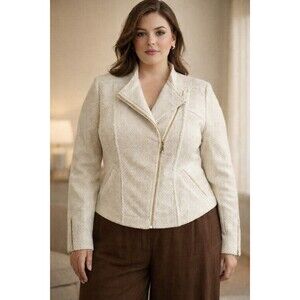 Lane Bryant Textured Blazer Moto Jacket Ivory Asymmetric Zip Plus Size 22